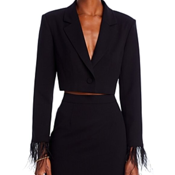 WAYF Kismit Cropped Feather-Trim Blazer – Black – NWT – Size XS - Picture 4 of 5